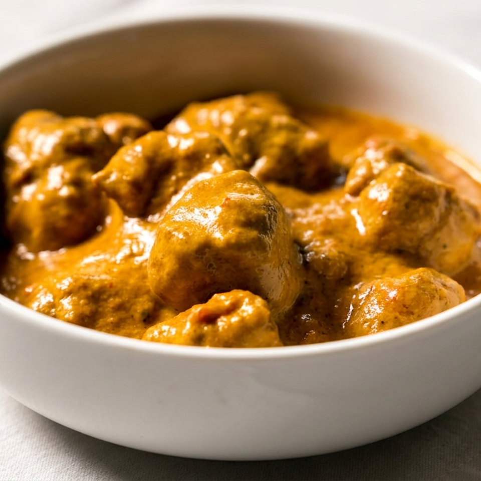 Bowl of meatballs coated in glossy orange-brown sauce on a light cloth-covered table.