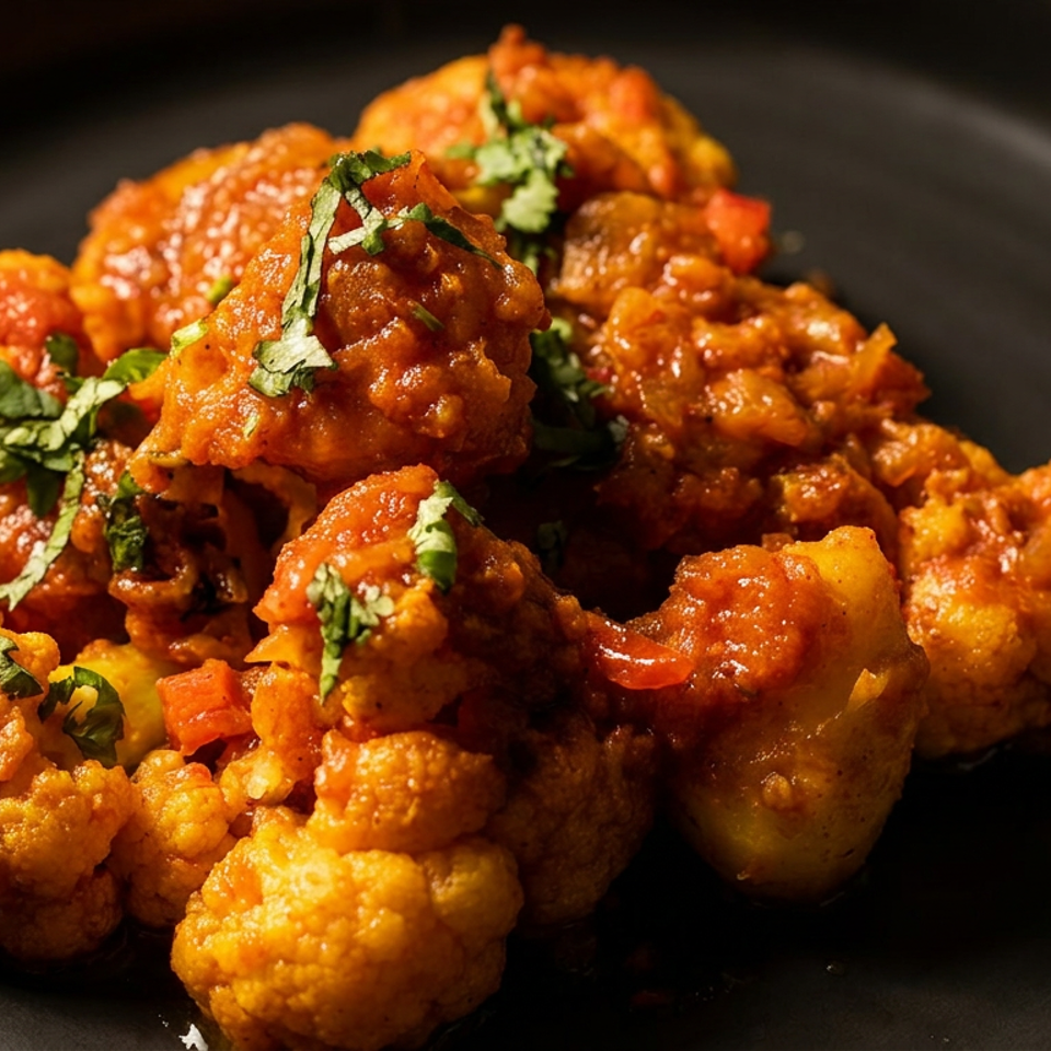 Spiced cauliflower florets coated in tomato sauce and garnished with fresh cilantro on a black plate.
