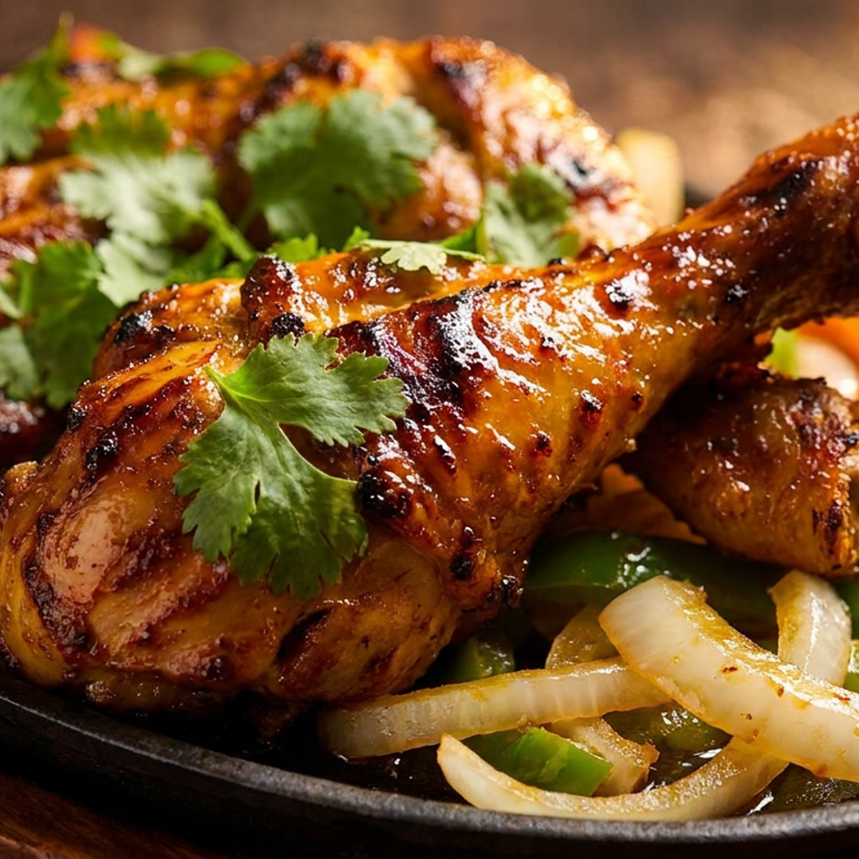 Glazed grilled chicken pieces garnished with cilantro, served on a sizzling platter with onions and green peppers.