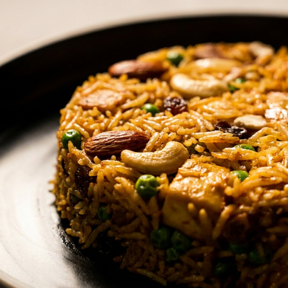 Close-up of spiced basmati rice pilaf with peas, cashews, almonds, raisins, and chunks of vegetables on a black plate.