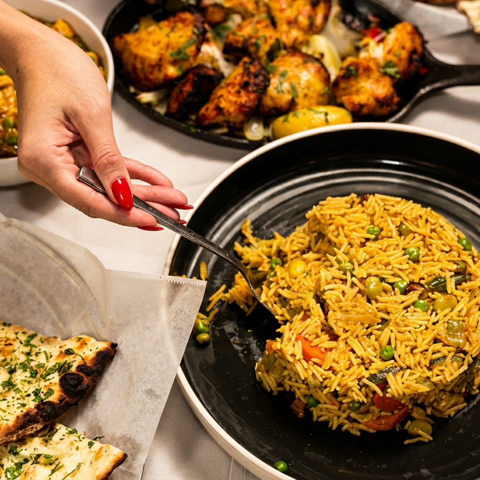 Indian feast with vegetable biryani, naan bread, curry, and grilled dishes served on a restaurant table.