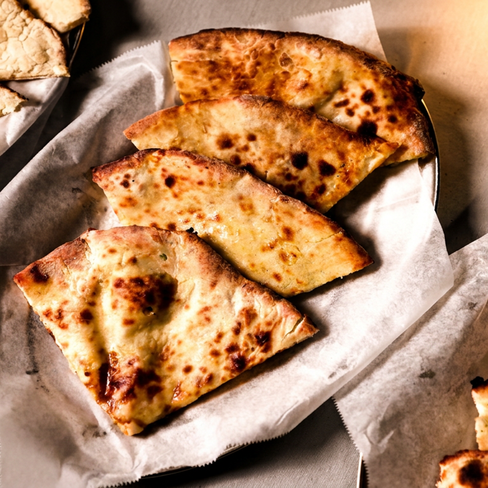 Assorted golden-brown flatbreads arranged in paper-lined baskets on a restaurant table.