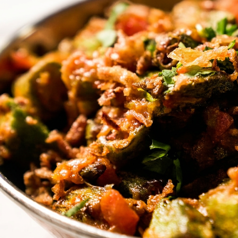 Close-up of a colorful vegetable dish topped with crispy fried onions, herbs, and spices in a bowl.