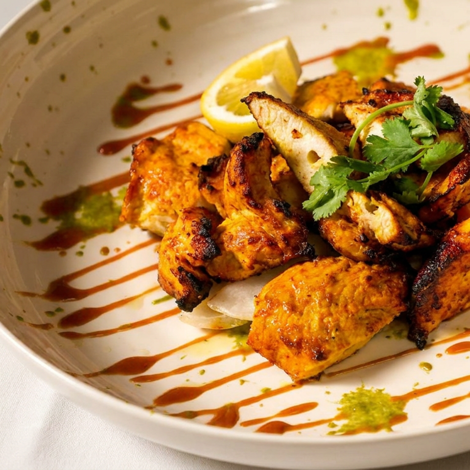 Grilled spiced chicken pieces garnished with cilantro and lemon on a decorated plate with drizzled sauces.