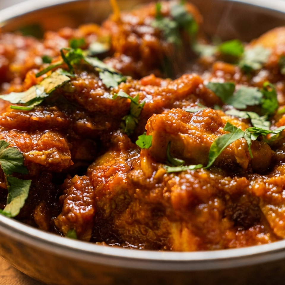 Close-up of saucy golden-brown fried chicken pieces garnished with fresh cilantro in a metal serving bowl.